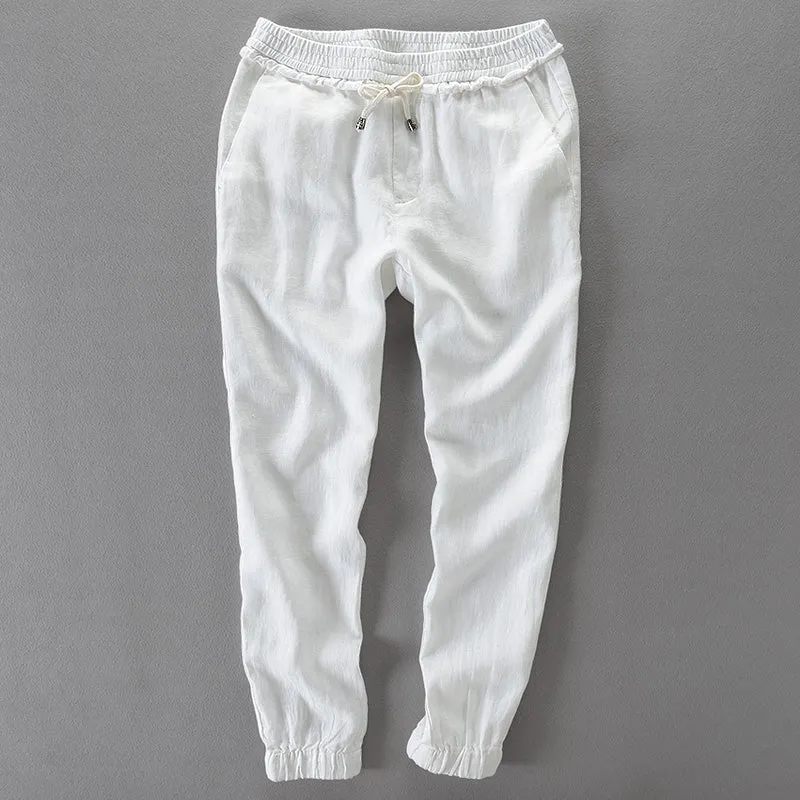 Pure color linen trousers male summer with nine minutes of pants, lacing wire feet nine minutes of pants casual pants loose sand