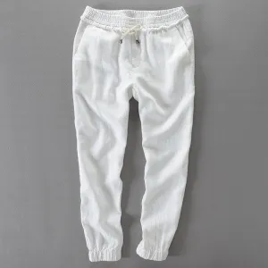 Pure color linen trousers male summer with nine minutes of pants, lacing wire feet nine minutes of pants casual pants loose sand
