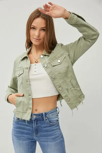 Raw Hem Button Up Cropped Denim Jacket
