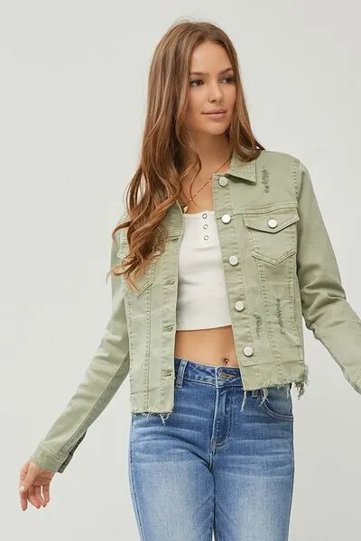 Raw Hem Button Up Cropped Denim Jacket