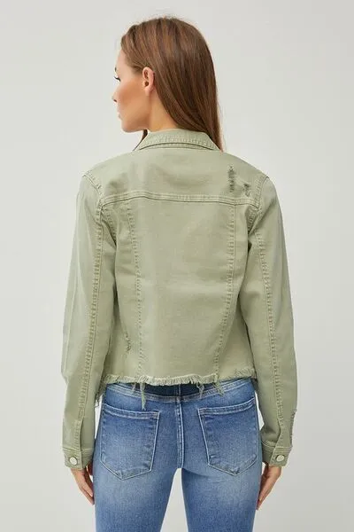 Raw Hem Button Up Cropped Denim Jacket