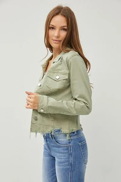 Raw Hem Button Up Cropped Denim Jacket