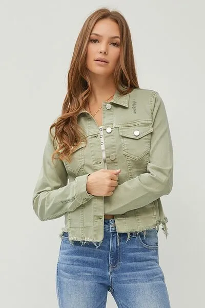 Raw Hem Button Up Cropped Denim Jacket