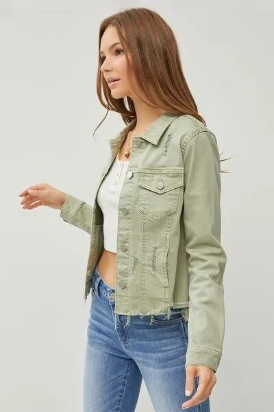 Raw Hem Button Up Cropped Denim Jacket