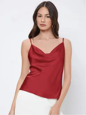 Red Draped Satin Cowl Neck Top