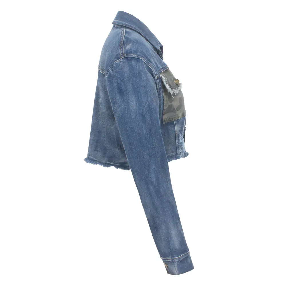 Renegade Camo Pocket Frayed Hem Cropped Denim Jacket