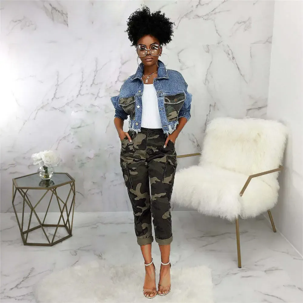 Renegade Camo Pocket Frayed Hem Cropped Denim Jacket