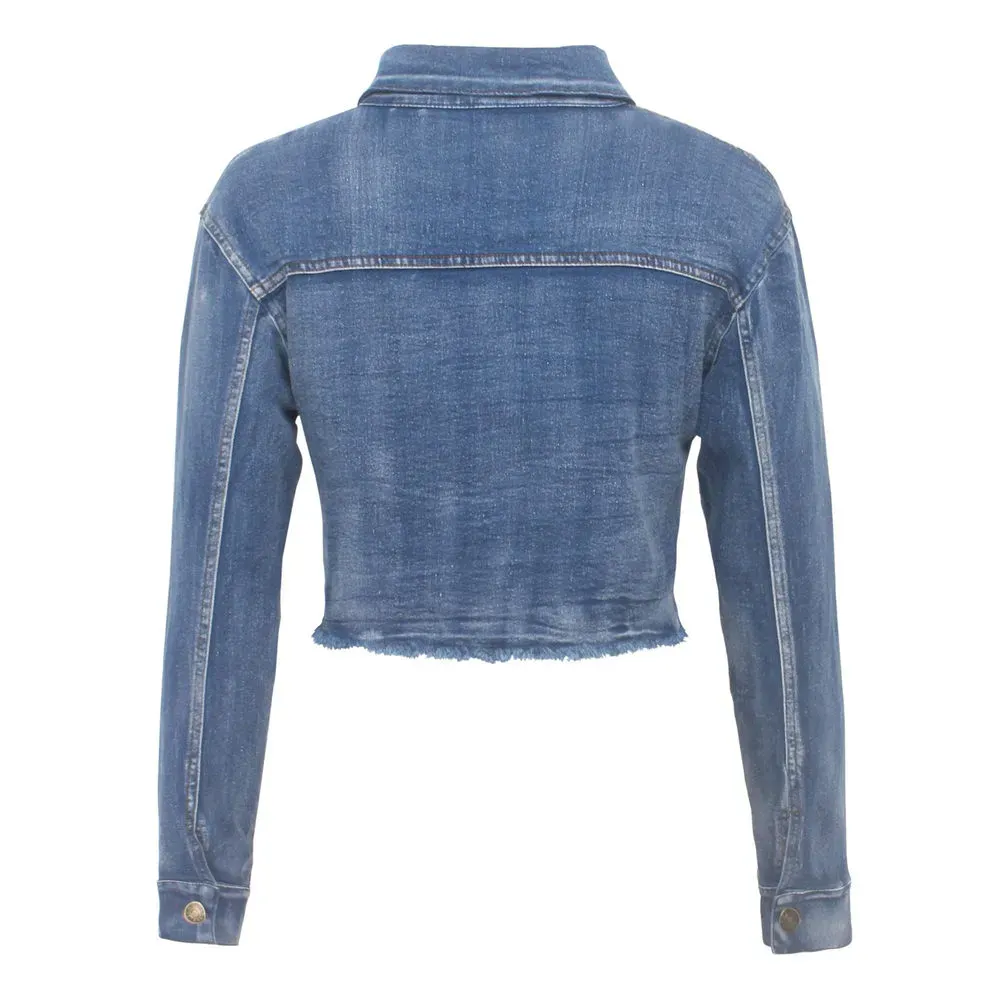 Renegade Camo Pocket Frayed Hem Cropped Denim Jacket