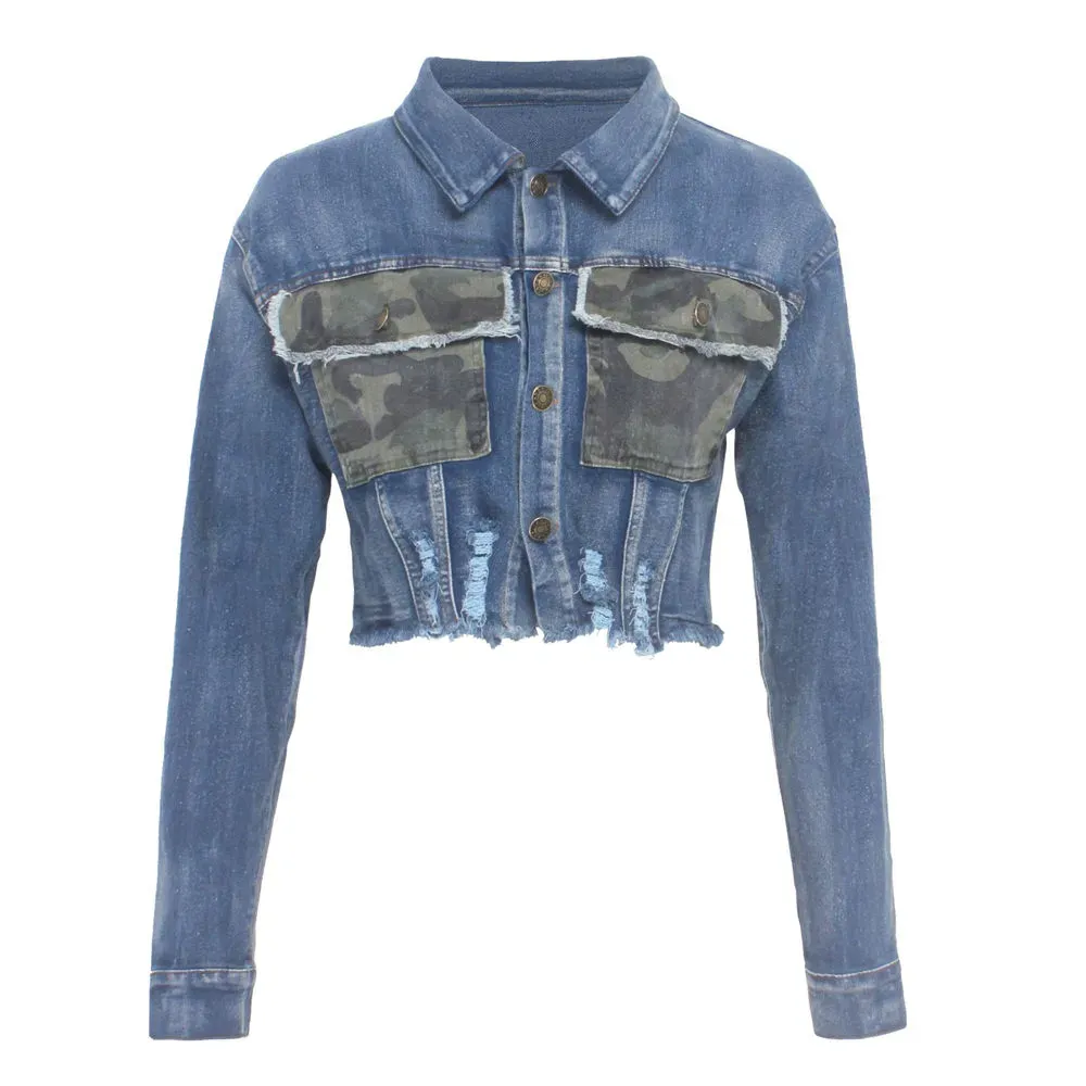 Renegade Camo Pocket Frayed Hem Cropped Denim Jacket