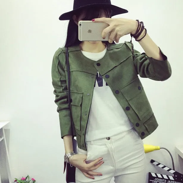 Retro Military Green Jacket Fashion Casual Suede Outerwear Coats Women Jaqueta Feminina