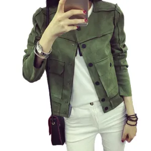 Retro Military Green Jacket Fashion Casual Suede Outerwear Coats Women Jaqueta Feminina