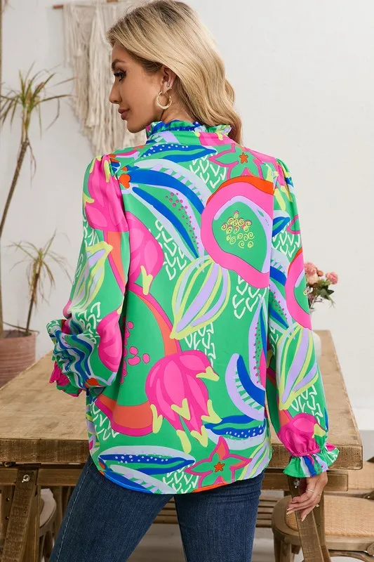 Ruffled  Buttoned V Neck Blouse