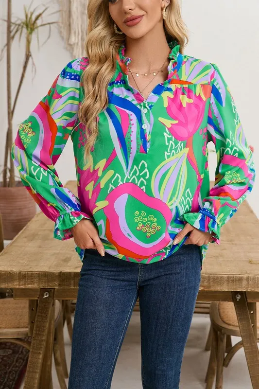 Ruffled  Buttoned V Neck Blouse