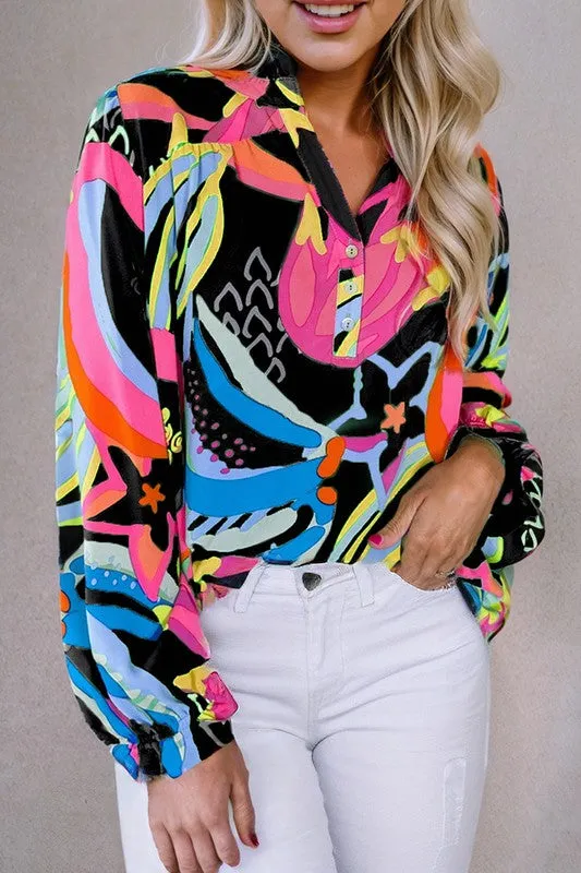 Ruffled  Buttoned V Neck Blouse