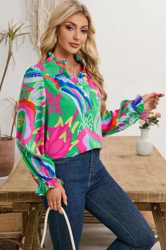 Ruffled  Buttoned V Neck Blouse