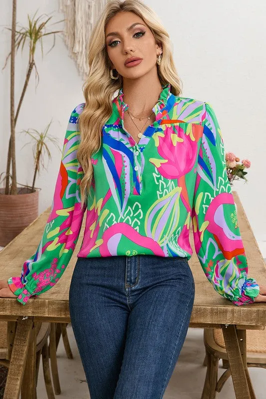 Ruffled  Buttoned V Neck Blouse