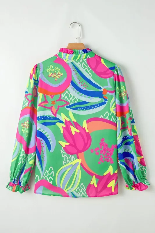 Ruffled  Buttoned V Neck Blouse