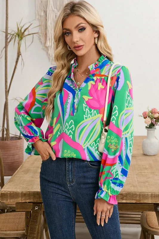 Ruffled  Buttoned V Neck Blouse