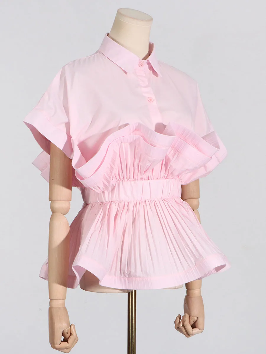 Ruffled Elastic Waist Short-Sleeved Shirt