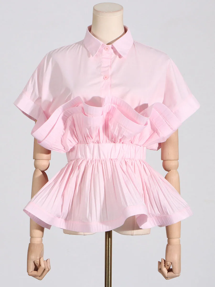 Ruffled Elastic Waist Short-Sleeved Shirt