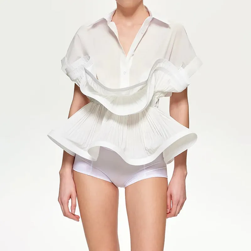 Ruffled Elastic Waist Short-Sleeved Shirt