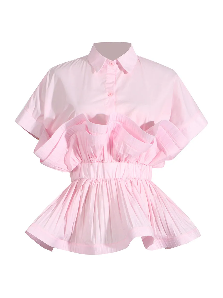 Ruffled Elastic Waist Short-Sleeved Shirt