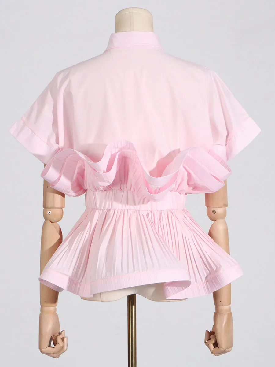 Ruffled Elastic Waist Short-Sleeved Shirt