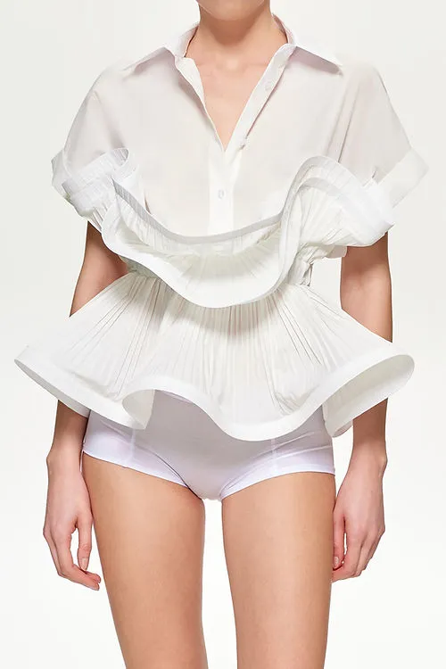 Ruffled Elastic Waist Short-Sleeved Shirt
