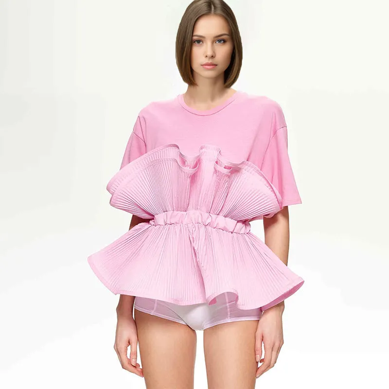 Ruffled Elastic Waist Short-Sleeved Shirt