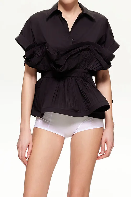 Ruffled Elastic Waist Short-Sleeved Shirt