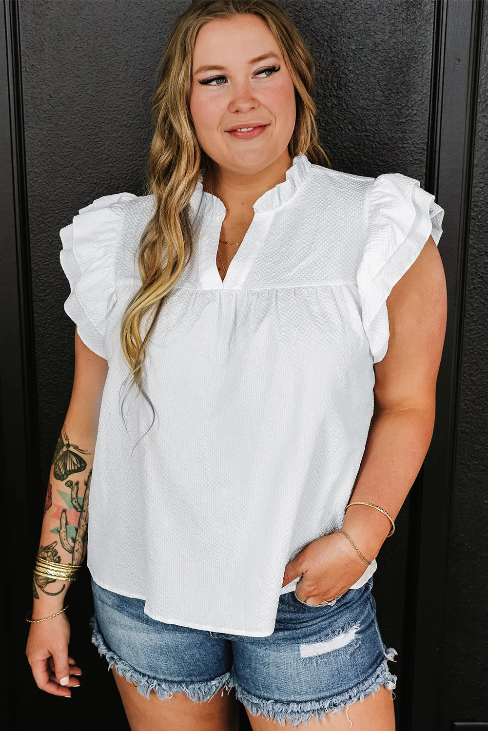 Ruffled Flutter Sleeve Plus Size Blouse