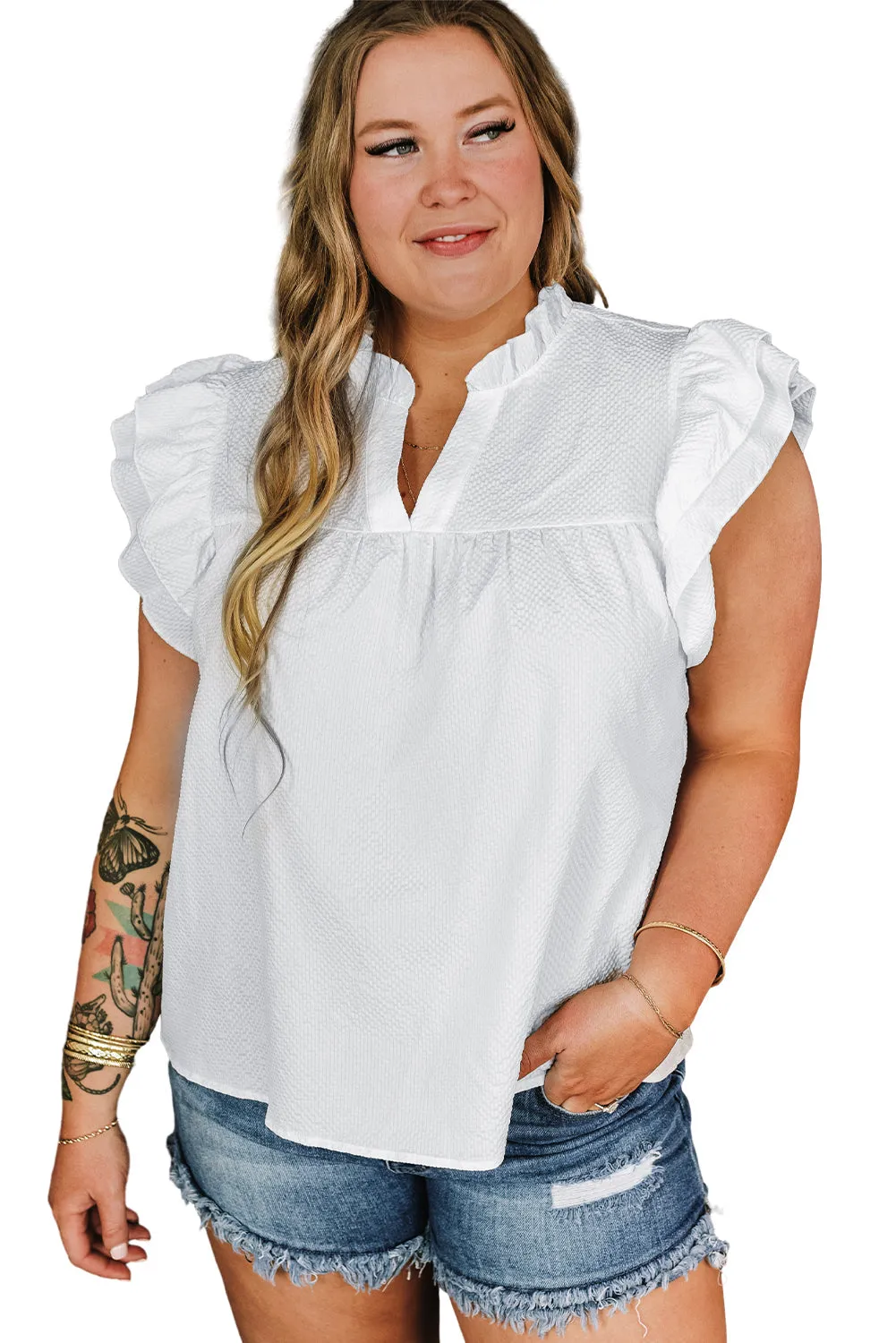 Ruffled Flutter Sleeve Plus Size Blouse