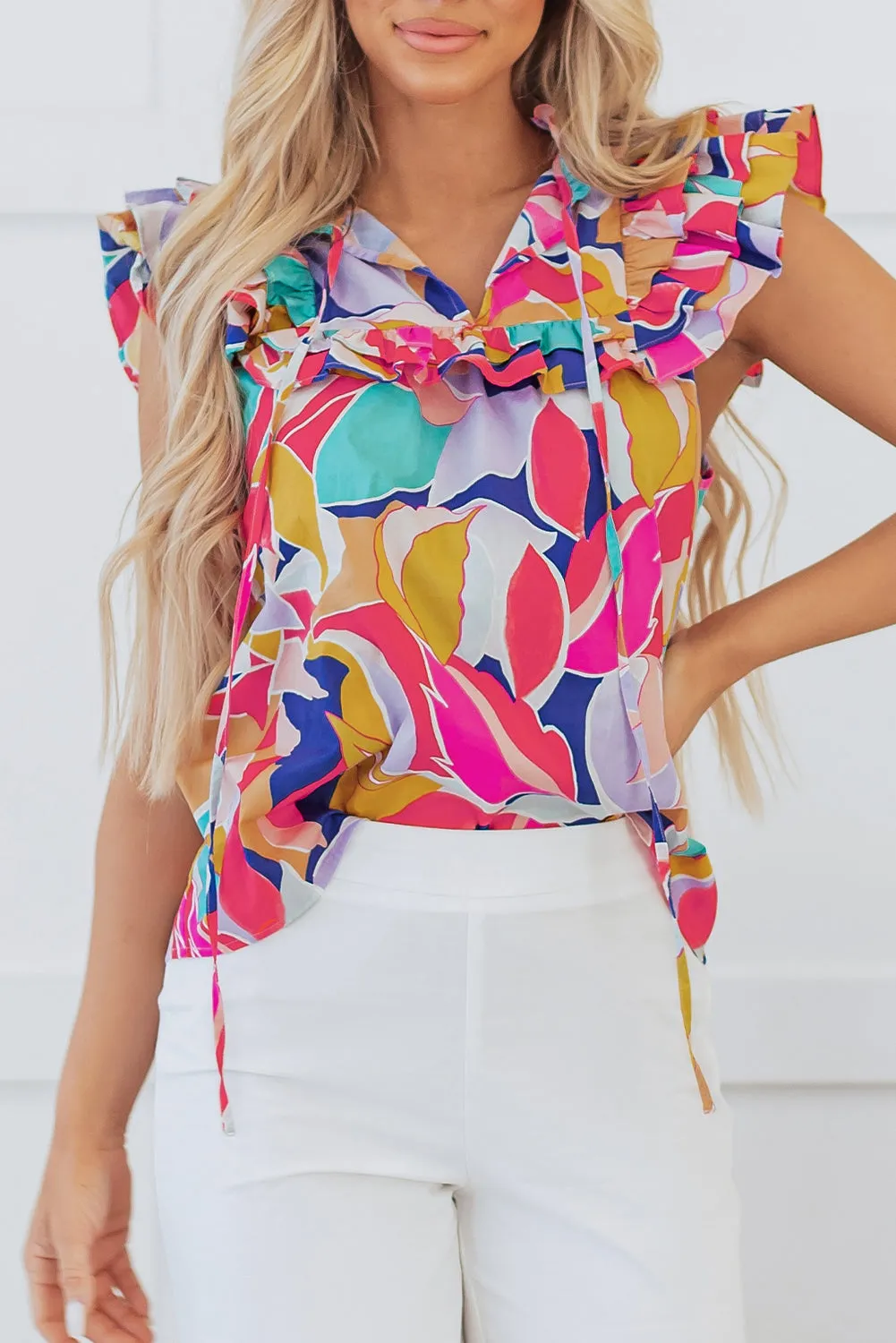 Ruffled Pink Abstract Tied Blouse