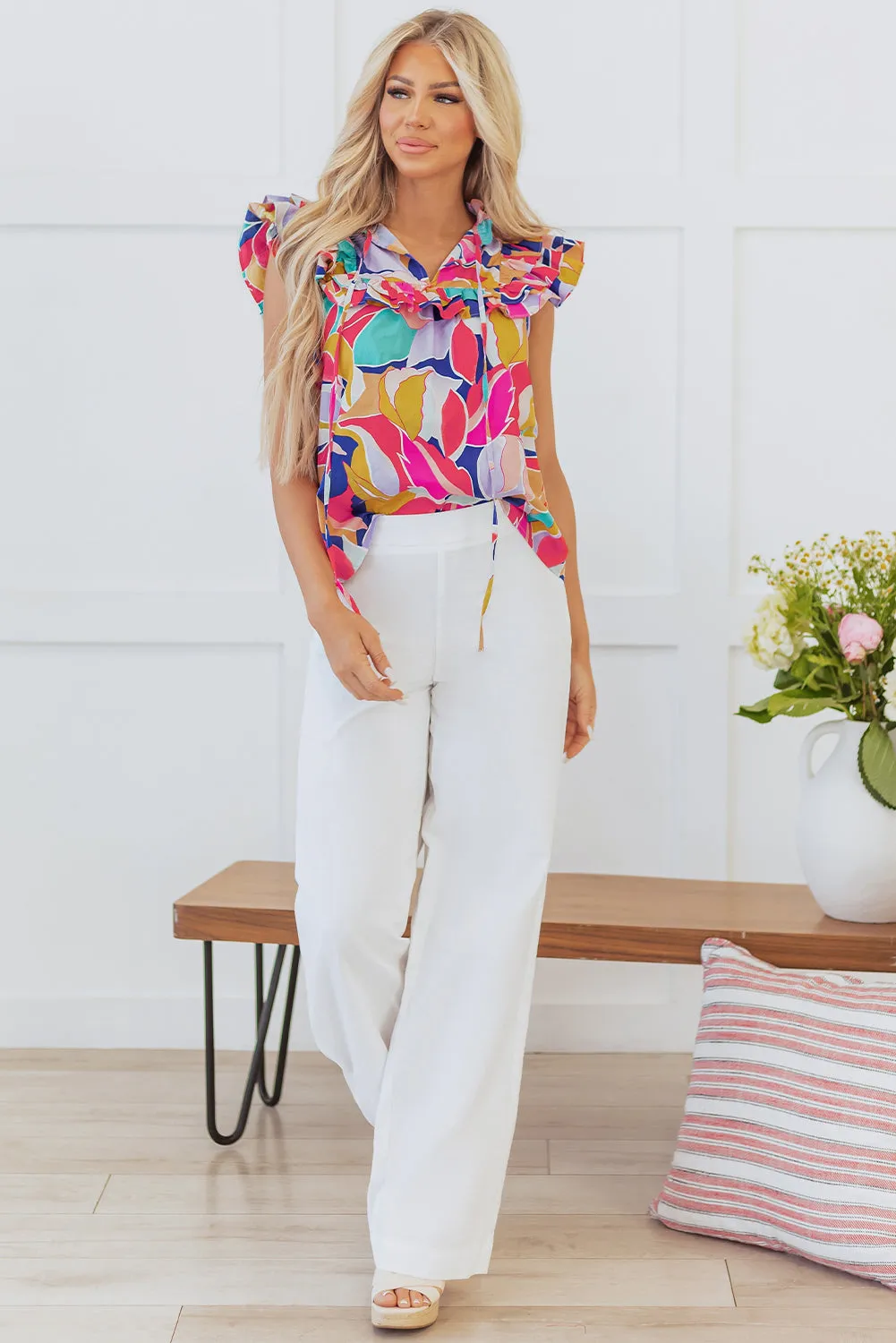 Ruffled Pink Abstract Tied Blouse