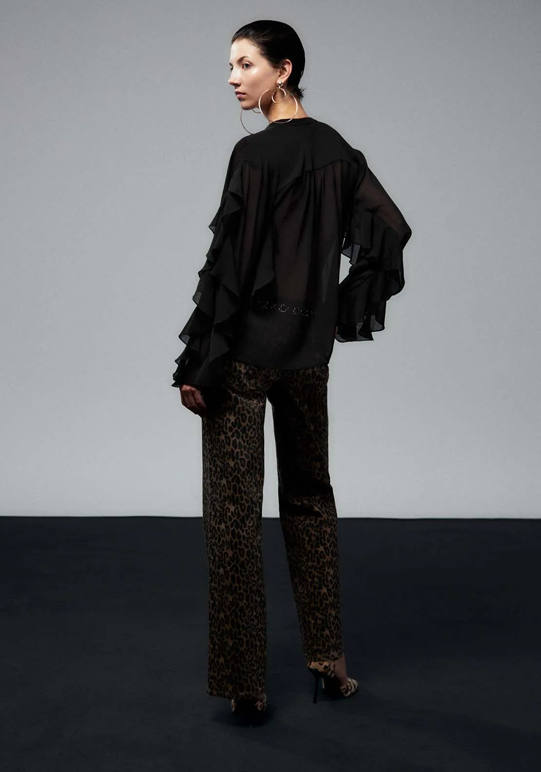 Ruffled Sleeves Blouse - Black