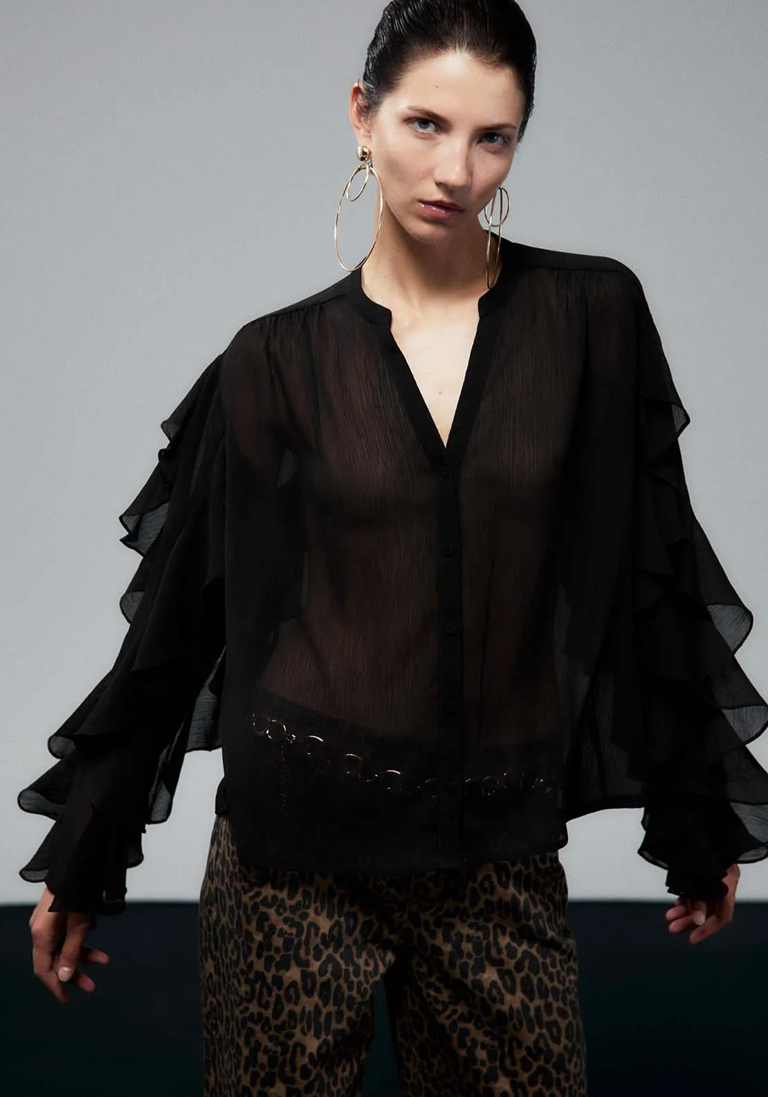 Ruffled Sleeves Blouse - Black
