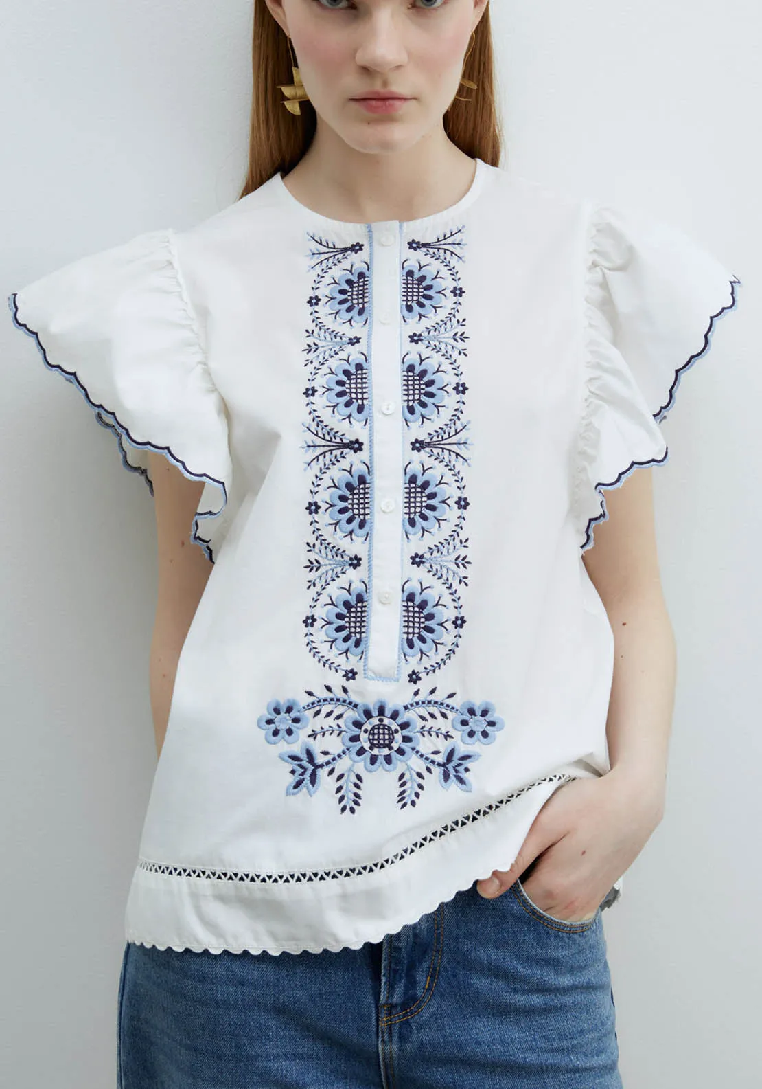 Ruffles Embroidered Blouse - Blue