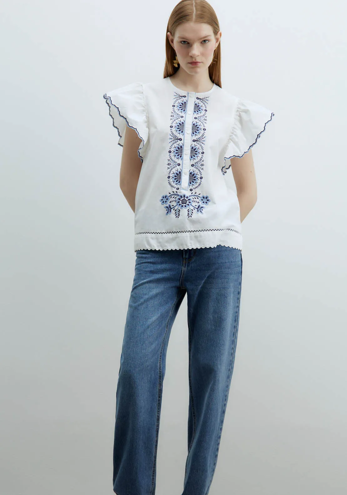Ruffles Embroidered Blouse - Blue