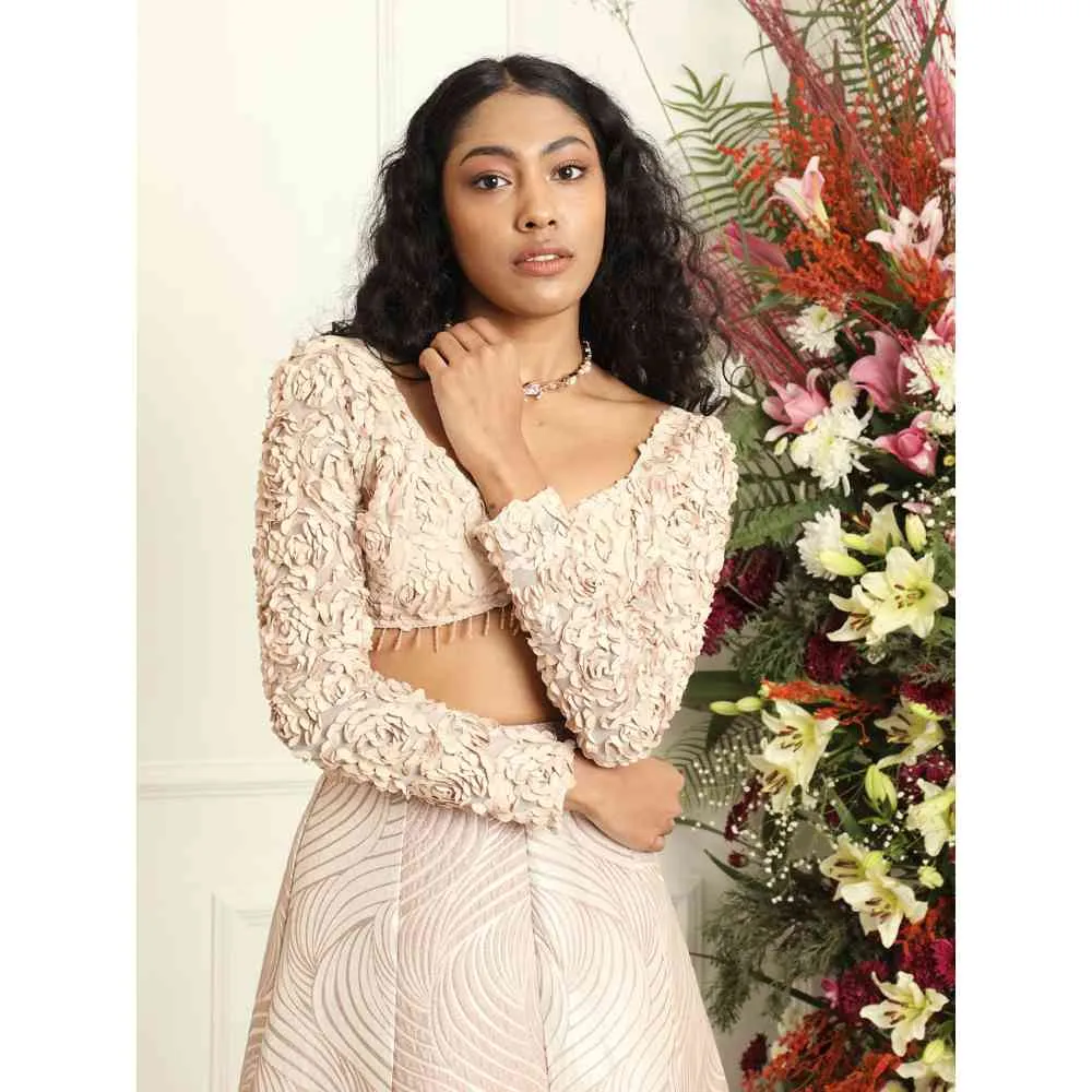 Saanjh by Lea Mina Rose Gold Silk Jacquard Kali Lehenga