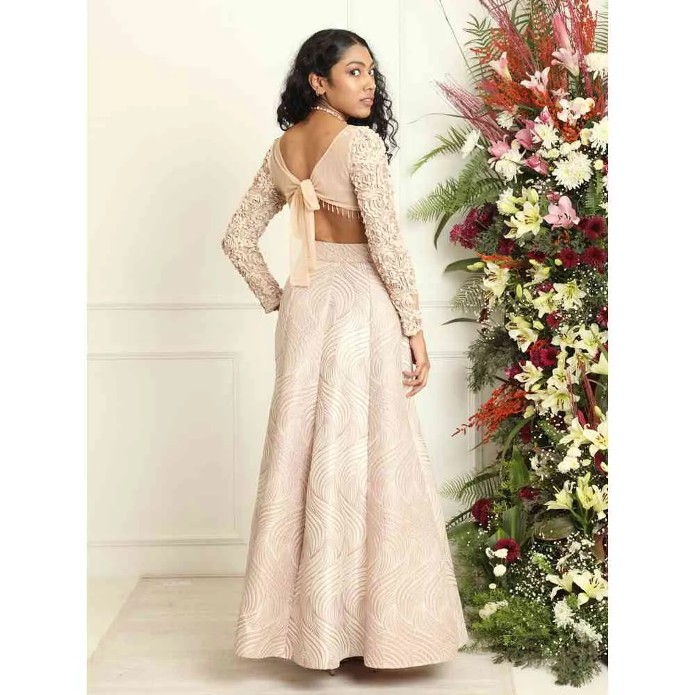 Saanjh by Lea Mina Rose Gold Silk Jacquard Kali Lehenga