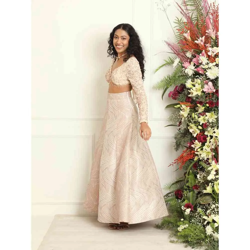 Saanjh by Lea Mina Rose Gold Silk Jacquard Kali Lehenga
