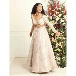Saanjh by Lea Mina Rose Gold Silk Jacquard Kali Lehenga