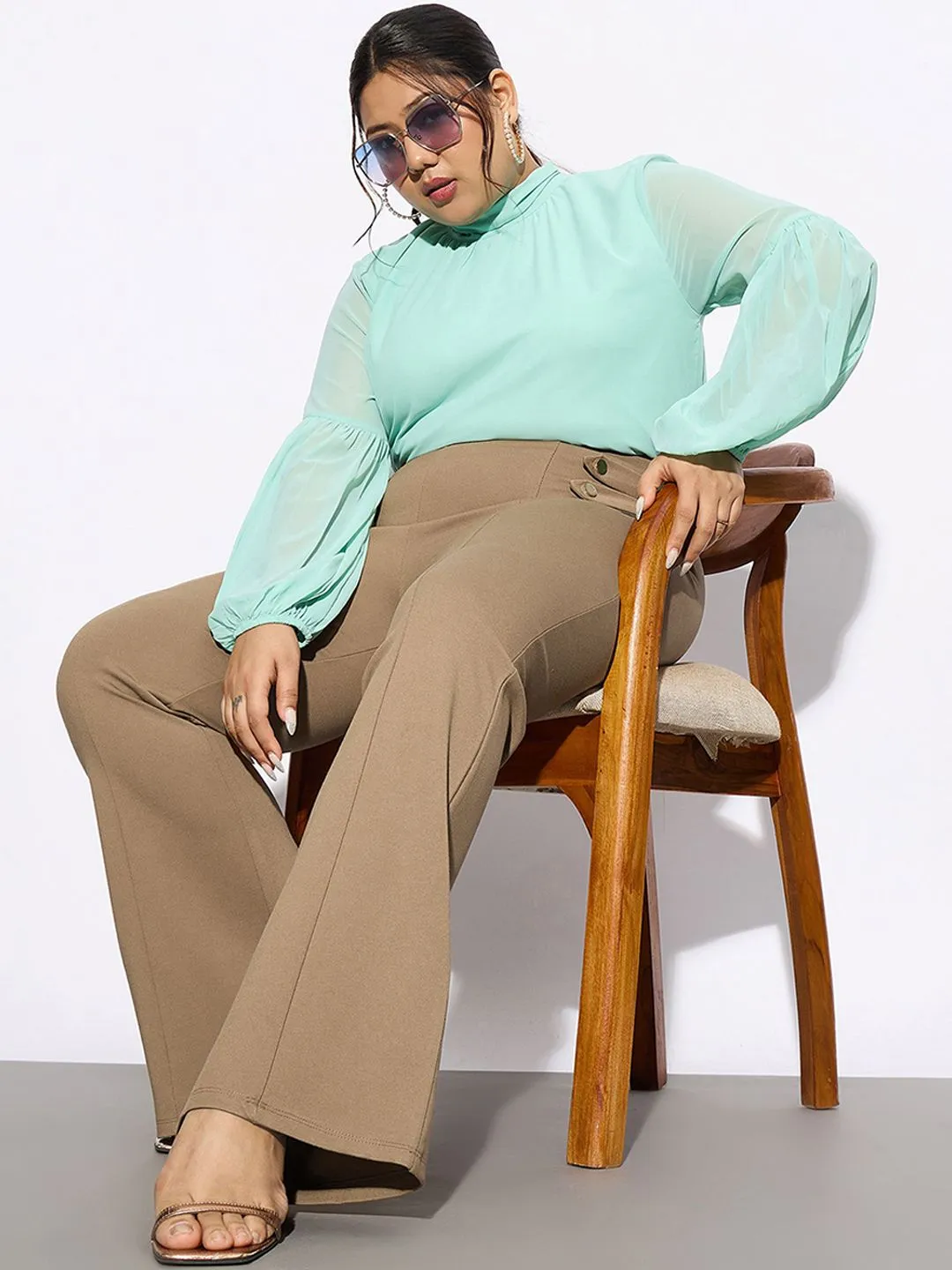 SASSAFRAS Curve Women Plus Size Beige Flared High-Rise Bootcut Trousers