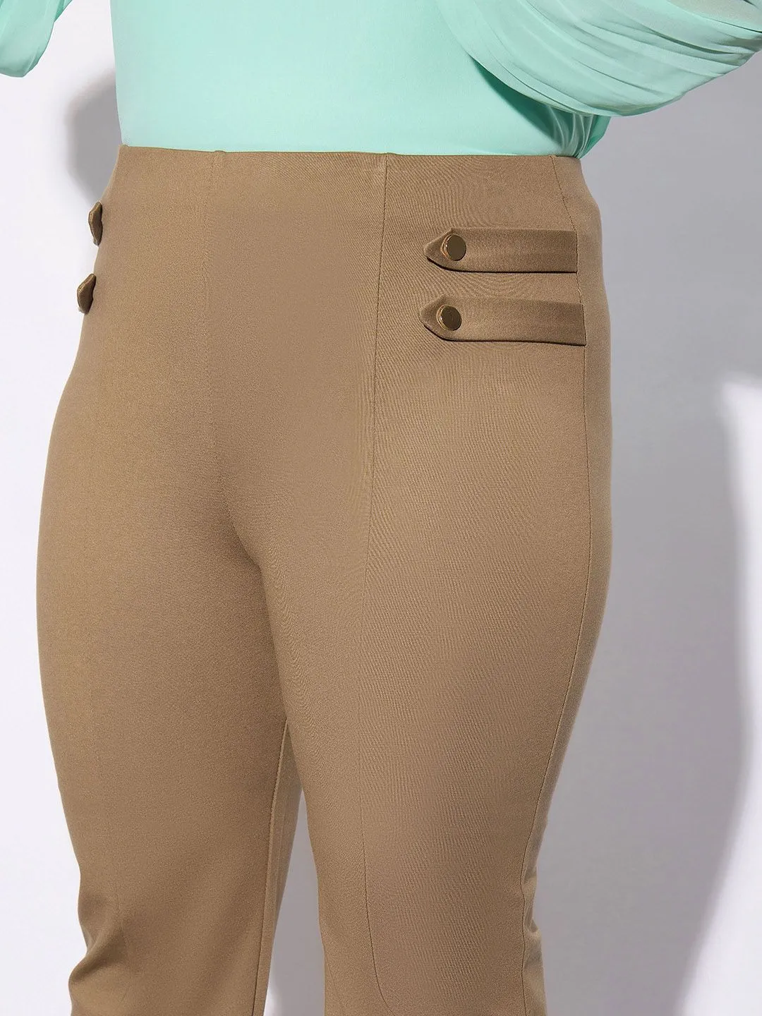 SASSAFRAS Curve Women Plus Size Beige Flared High-Rise Bootcut Trousers