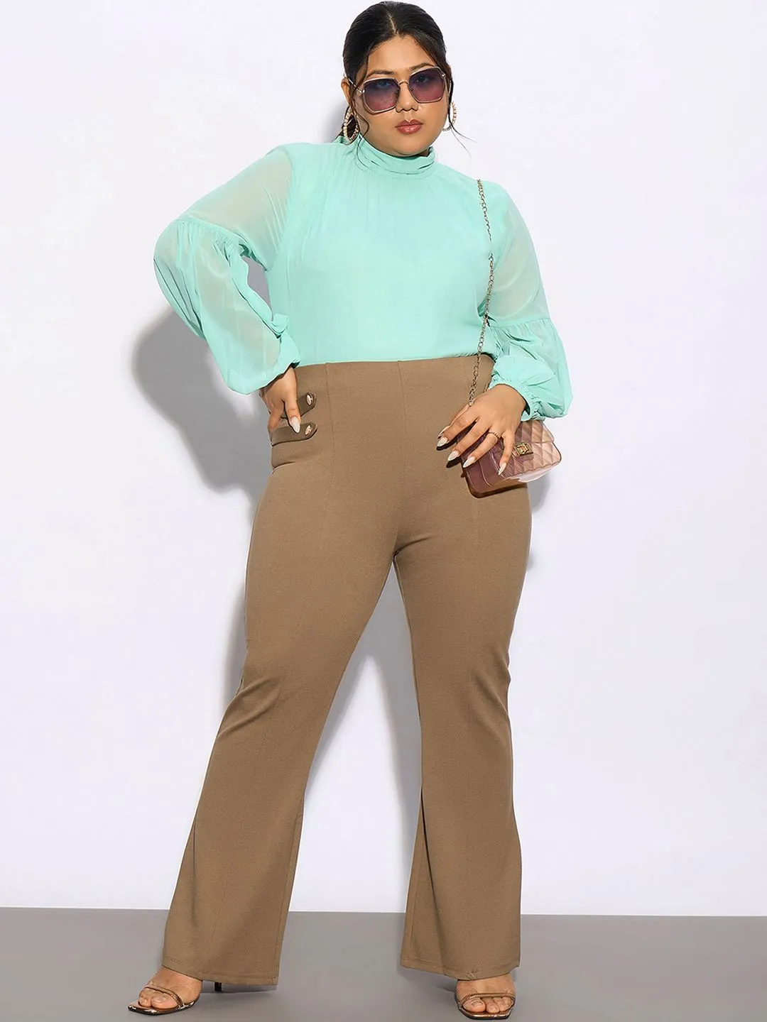 SASSAFRAS Curve Women Plus Size Beige Flared High-Rise Bootcut Trousers