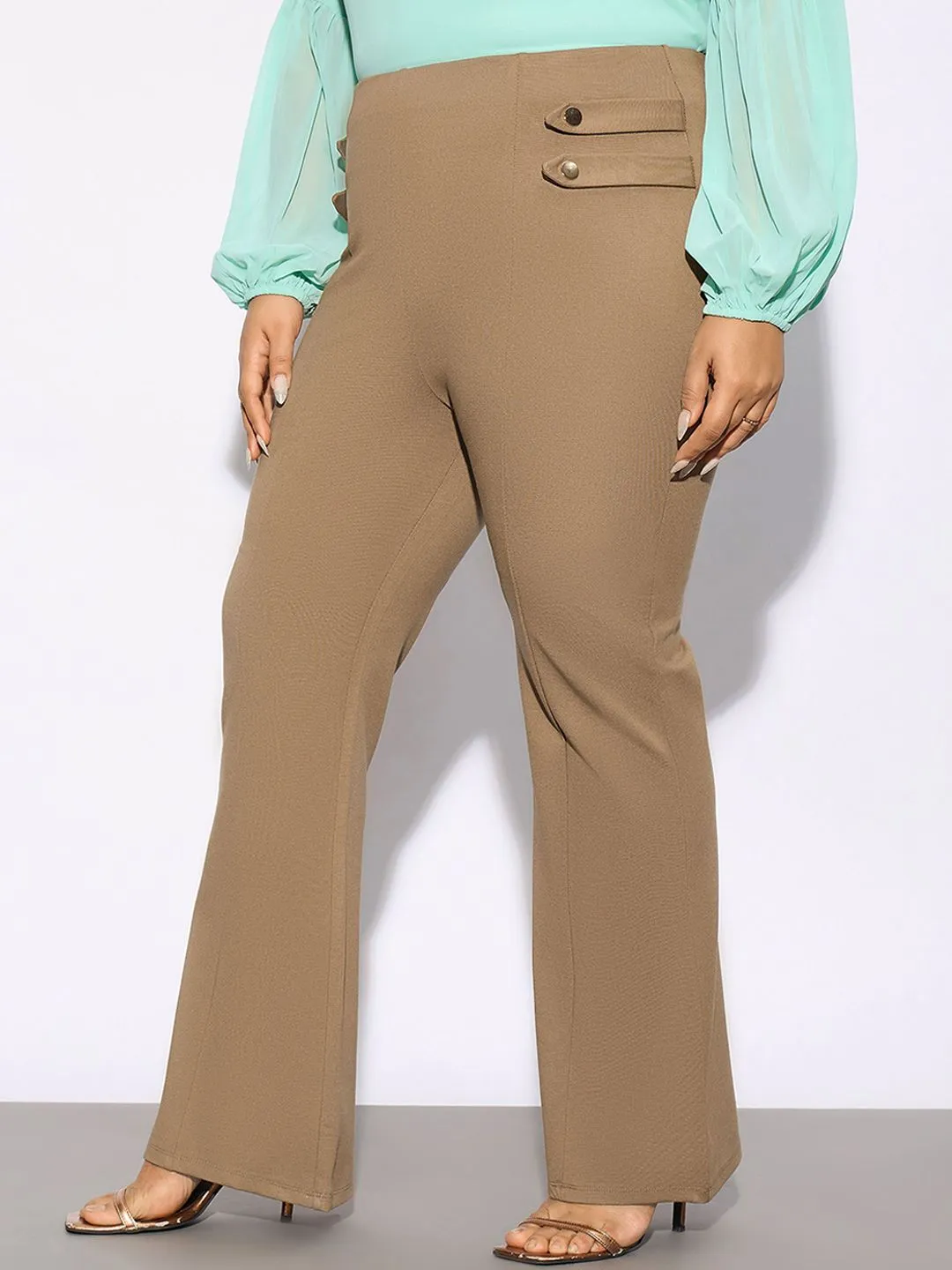 SASSAFRAS Curve Women Plus Size Beige Flared High-Rise Bootcut Trousers