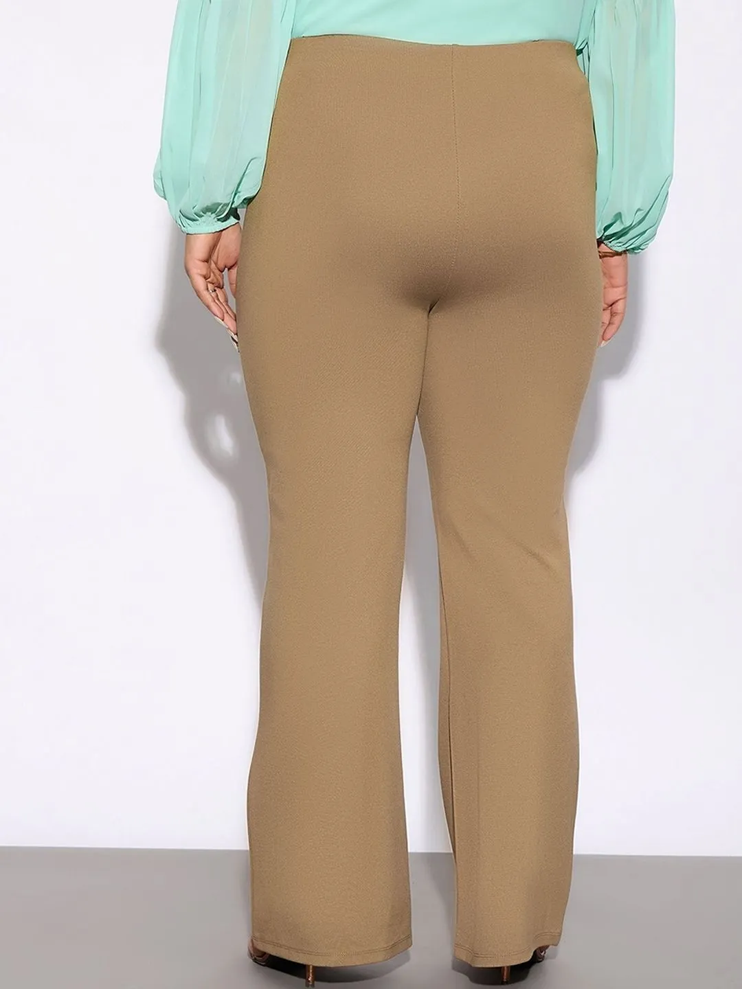 SASSAFRAS Curve Women Plus Size Beige Flared High-Rise Bootcut Trousers