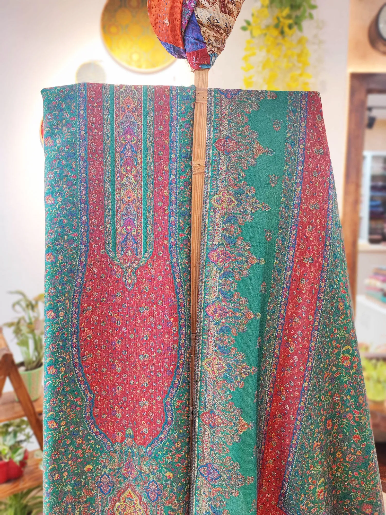 Sea Green Pure Wool Intricately Woven Kurta, Pant, and Shawl Set