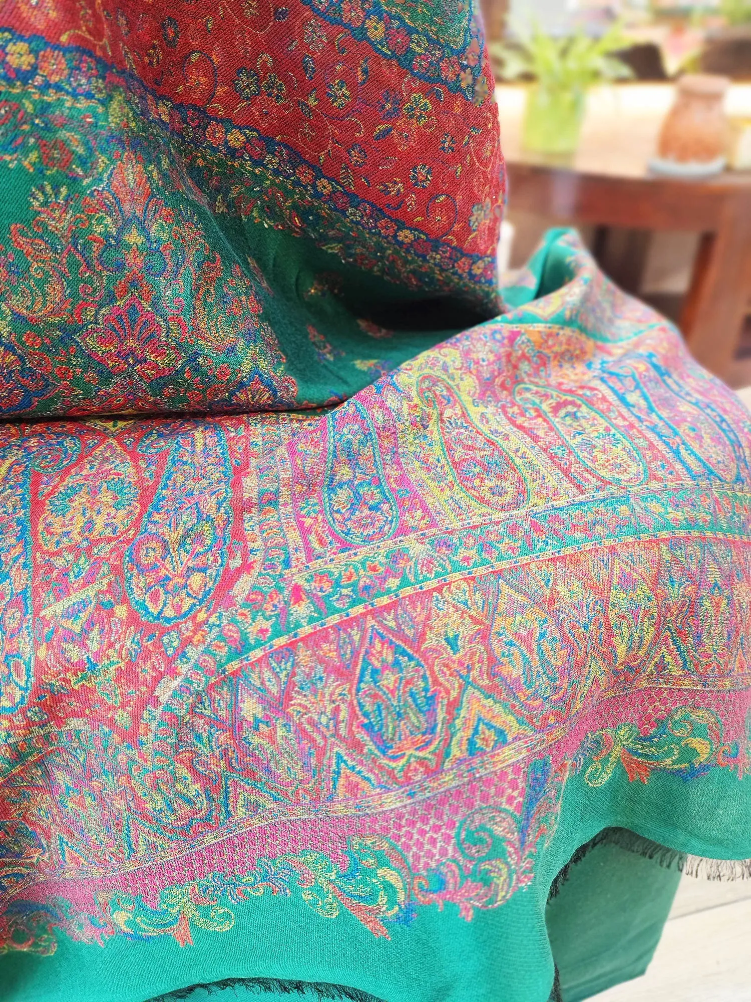 Sea Green Pure Wool Intricately Woven Kurta, Pant, and Shawl Set