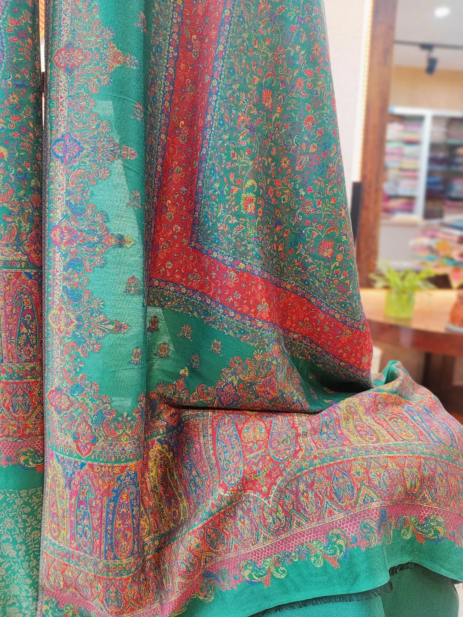 Sea Green Pure Wool Intricately Woven Kurta, Pant, and Shawl Set
